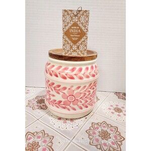 NWT Made in India VIRAL Red Leaf Floral Ceramic Canister with Wood Lid -